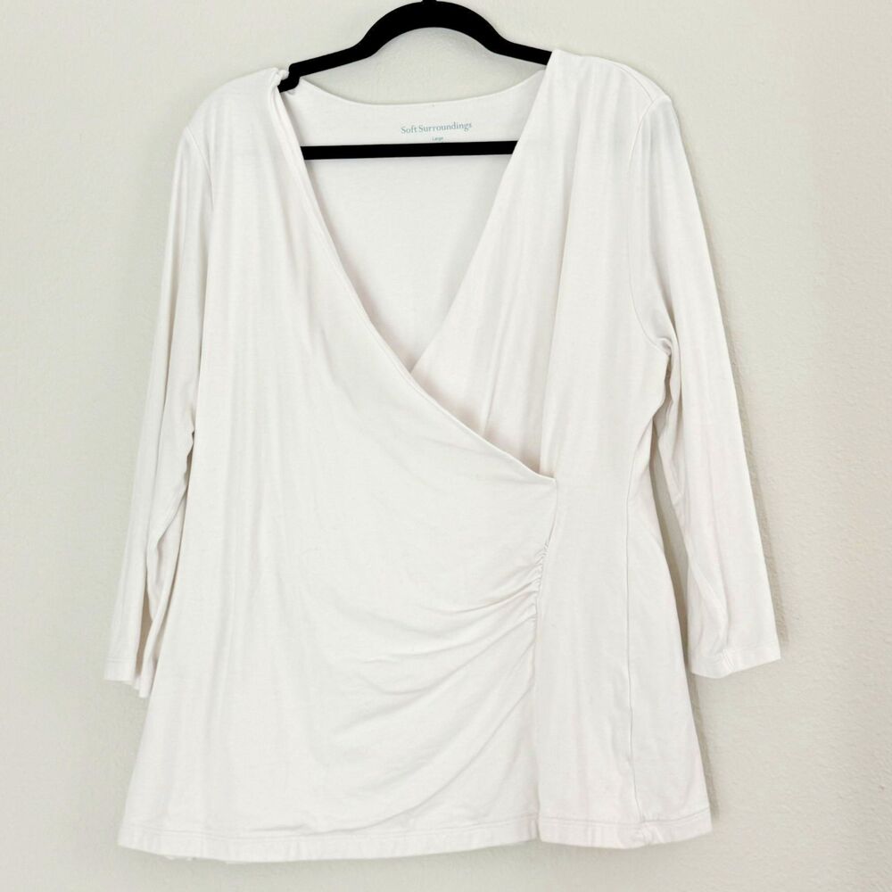 Soft Surroundings White Ruched Faux Wrap Top Pima Cotton Blend Large Peru